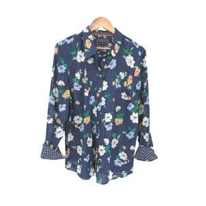 Talbots top long sleeve button down floral blue XL women's shirt preppy cotton
